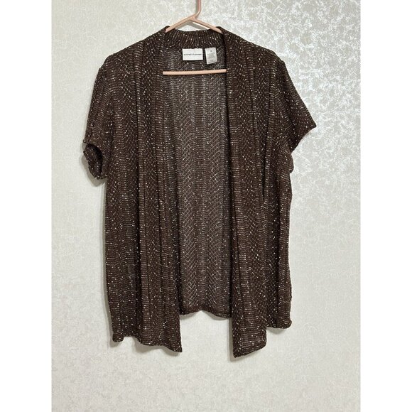 Alfred Dunner Brown Speckled Knit Open Front Cardigan‎ Short Sleeve Tunic Top M - Picture 1 of 5